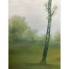 ANTICO DIPINTO OLIO CARTONE VEDUTA PAESAGGIO CAMPAGNA BRUGHIERA ALBERI VERDE 900