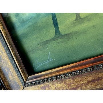 ANTICO DIPINTO OLIO CARTONE VEDUTA PAESAGGIO CAMPAGNA BRUGHIERA ALBERI VERDE 900