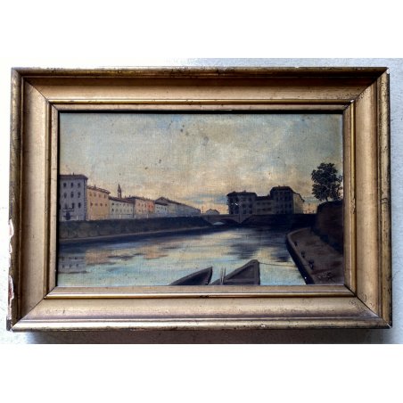 ANTICO QUADRO OLIO TELA ATTR. Achille Cattane VEDUTA DARSENA PORTA TICINESE '800