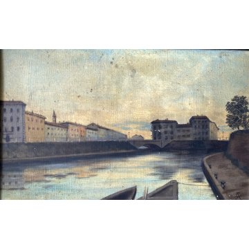 ANTICO QUADRO OLIO TELA ATTR. Achille Cattane VEDUTA DARSENA PORTA TICINESE '800
