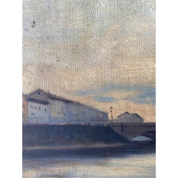 ANTICO QUADRO OLIO TELA ATTR. Achille Cattane VEDUTA DARSENA PORTA TICINESE '800