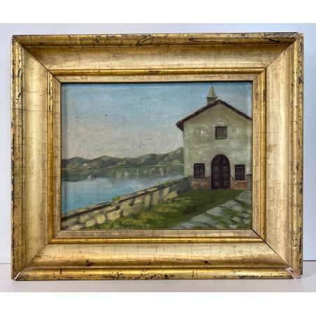 ANTICO DIPINTO OLIO TELA AC ATTR. Achille Cattaneo PAESAGGIO VEDUTA LAGO CHIESA