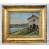 ANTICO DIPINTO OLIO TELA AC ATTR. Achille Cattaneo PAESAGGIO VEDUTA LAGO CHIESA
