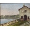 ANTICO DIPINTO OLIO TELA AC ATTR. Achille Cattaneo PAESAGGIO VEDUTA LAGO CHIESA