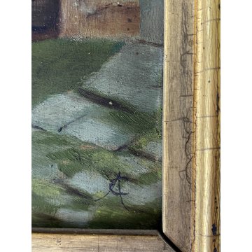 ANTICO DIPINTO OLIO TELA AC ATTR. Achille Cattaneo PAESAGGIO VEDUTA LAGO CHIESA