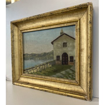 ANTICO DIPINTO OLIO TELA AC ATTR. Achille Cattaneo PAESAGGIO VEDUTA LAGO CHIESA