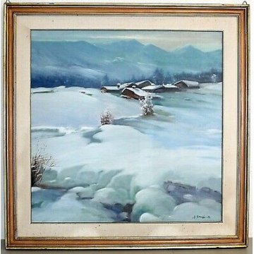 ANTICO QUADRO Aldo Cavaggi PAESAGGIO MONTANO ALPEGGIO NEVE BAITE VAL FORMAZZA 76