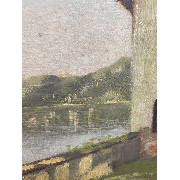 ANTICO DIPINTO OLIO TELA AC ATTR. Achille Cattaneo PAESAGGIO VEDUTA LAGO CHIESA