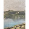 ANTICO DIPINTO OLIO TELA AC ATTR. Achille Cattaneo PAESAGGIO VEDUTA LAGO CHIESA