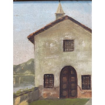 ANTICO DIPINTO OLIO TELA AC ATTR. Achille Cattaneo PAESAGGIO VEDUTA LAGO CHIESA