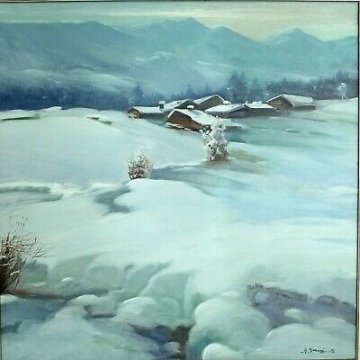 ANTICO QUADRO Aldo Cavaggi PAESAGGIO MONTANO ALPEGGIO NEVE BAITE VAL FORMAZZA 76