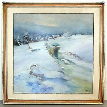 ANTICO QUADRO Aldo Cavaggi PAESAGGIO MONTANO ALPEGGIO NEVE PASCOLO VAL FORMAZZA