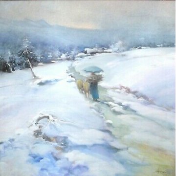 ANTICO QUADRO Aldo Cavaggi PAESAGGIO MONTANO ALPEGGIO NEVE PASCOLO VAL FORMAZZA