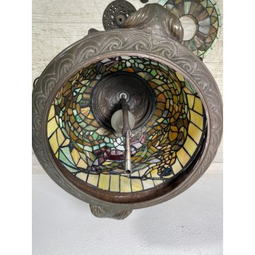 ANTICA LAMPADA DA TERRA O TAVOLO STILE TIFFANY MOSAICO VETRO GRANDE LANTERNA