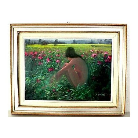 ANTICO QUADRO Aldo Cavaggi FIGURA FEMMINILE NUDO DONNA CAMPO FIORI FUCSIA GIALLO