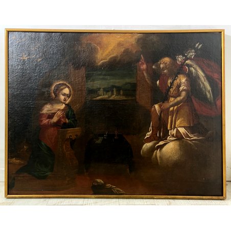 GRANDE ANTICO DIPINTO OLIO Annunciazione Maria Arcangelo Gabriele RELIGIOSO '600