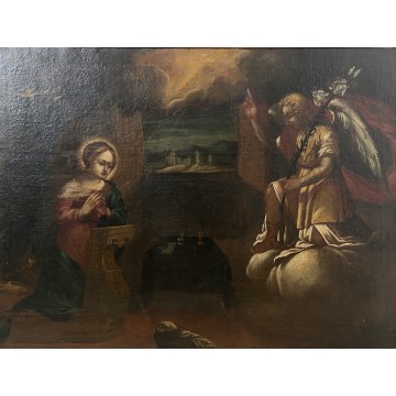 GRANDE ANTICO DIPINTO OLIO Annunciazione Maria Arcangelo Gabriele RELIGIOSO '600