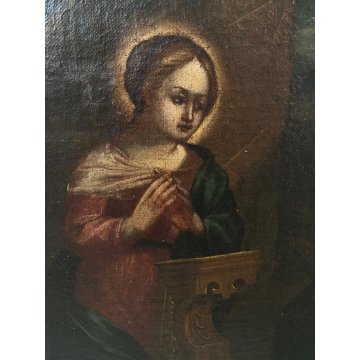 GRANDE ANTICO DIPINTO OLIO Annunciazione Maria Arcangelo Gabriele RELIGIOSO '600