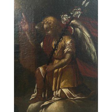 GRANDE ANTICO DIPINTO OLIO Annunciazione Maria Arcangelo Gabriele RELIGIOSO '600
