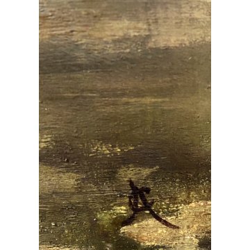 ANTICO DIPINTO OLIO TAVOL A CA Achille Cattaneo PAESAGGIO LACUSTRE VEDUTA '900