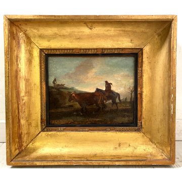 ANTICO DIPINTO OLIO TAVOLA PAESAGGIO RURALE CREPUSCOLO CAVALLO MANDRIANO BUE 800