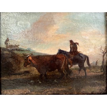 ANTICO DIPINTO OLIO TAVOLA PAESAGGIO RURALE CREPUSCOLO CAVALLO MANDRIANO BUE 800