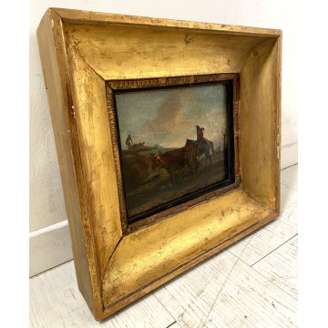 ANTICO DIPINTO OLIO TAVOLA PAESAGGIO RURALE CREPUSCOLO CAVALLO MANDRIANO BUE 800