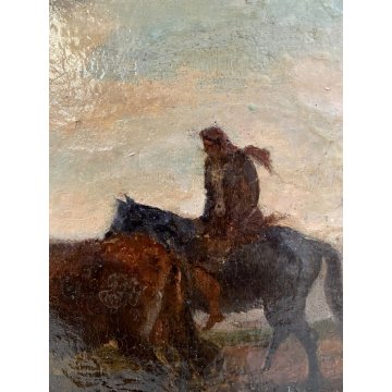 ANTICO DIPINTO OLIO TAVOLA PAESAGGIO RURALE CREPUSCOLO CAVALLO MANDRIANO BUE 800