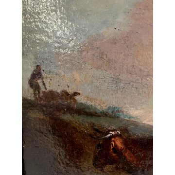 ANTICO DIPINTO OLIO TAVOLA PAESAGGIO RURALE CREPUSCOLO CAVALLO MANDRIANO BUE 800