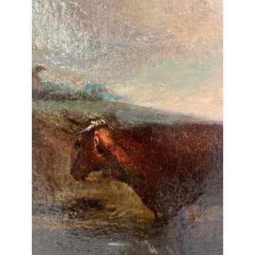 ANTICO DIPINTO OLIO TAVOLA PAESAGGIO RURALE CREPUSCOLO CAVALLO MANDRIANO BUE 800