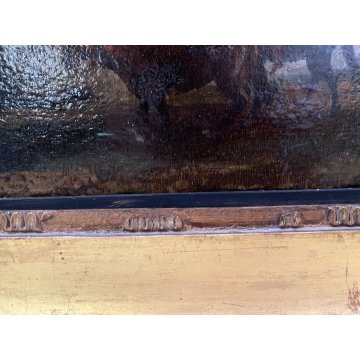 ANTICO DIPINTO OLIO TAVOLA PAESAGGIO RURALE CREPUSCOLO CAVALLO MANDRIANO BUE 800