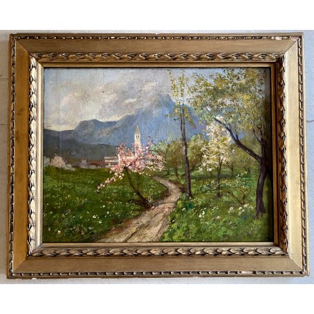 ANTICO QUADRO DIPINTO OLIO TELA PAESAGGIO MONTANO SCORCIO PAESE BORGO '900