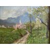 ANTICO QUADRO DIPINTO OLIO TELA PAESAGGIO MONTANO SCORCIO PAESE BORGO '900