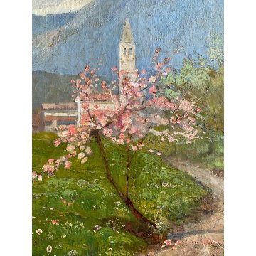 ANTICO QUADRO DIPINTO OLIO TELA PAESAGGIO MONTANO SCORCIO PAESE BORGO '900