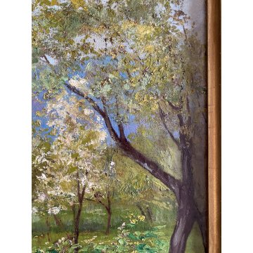 ANTICO QUADRO DIPINTO OLIO TELA PAESAGGIO MONTANO SCORCIO PAESE BORGO '900