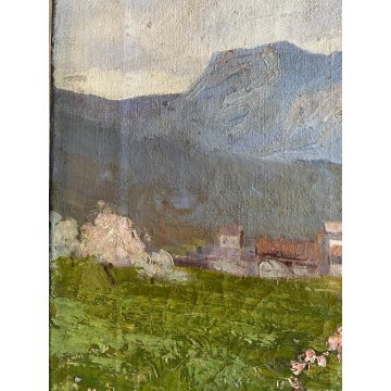 ANTICO QUADRO DIPINTO OLIO TELA PAESAGGIO MONTANO SCORCIO PAESE BORGO '900