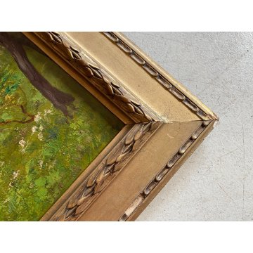 ANTICO QUADRO DIPINTO OLIO TELA PAESAGGIO MONTANO SCORCIO PAESE BORGO '900