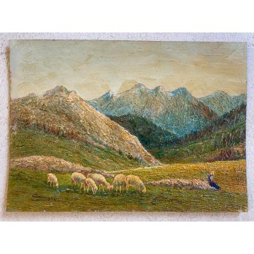 ANTICO DIPINTO OLIO TAVOLA Sori PAESAGGIO MONTANO PASCOLO Stelvio DIVISIONISTA