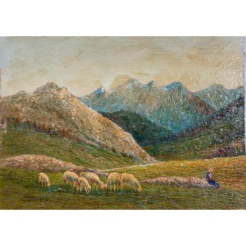 ANTICO DIPINTO OLIO TAVOLA Sori PAESAGGIO MONTANO PASCOLO Stelvio DIVISIONISTA