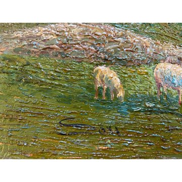 ANTICO DIPINTO OLIO TAVOLA Sori PAESAGGIO MONTANO PASCOLO Stelvio DIVISIONISTA