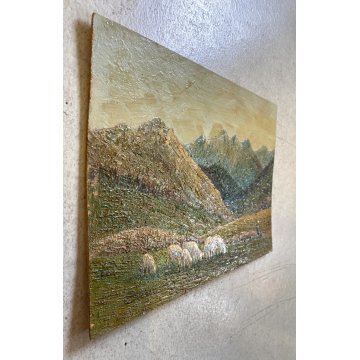 ANTICO DIPINTO OLIO TAVOLA Sori PAESAGGIO MONTANO PASCOLO Stelvio DIVISIONISTA