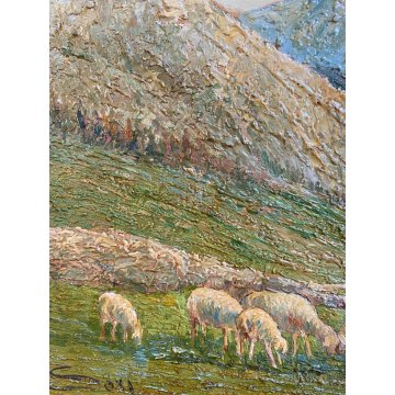 ANTICO DIPINTO OLIO TAVOLA Sori PAESAGGIO MONTANO PASCOLO Stelvio DIVISIONISTA
