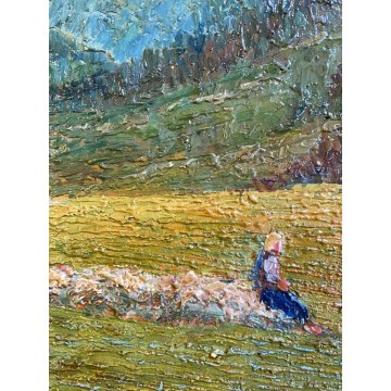 ANTICO DIPINTO OLIO TAVOLA Sori PAESAGGIO MONTANO PASCOLO Stelvio DIVISIONISTA