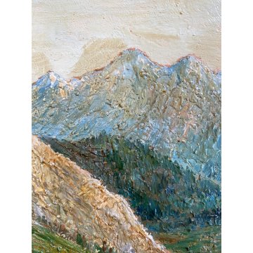 ANTICO DIPINTO OLIO TAVOLA Sori PAESAGGIO MONTANO PASCOLO Stelvio DIVISIONISTA