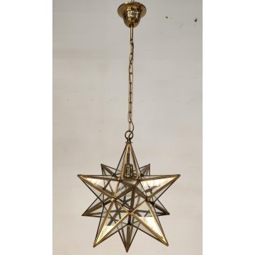 ANTICO LAMPADARIO STELLA anni 70 DESIGN MODERNARIATO DORATO VETRO LANTERNA OLD