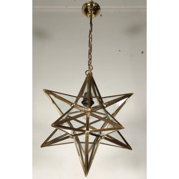 ANTICO LAMPADARIO STELLA anni 70 DESIGN MODERNARIATO DORATO VETRO LANTERNA OLD