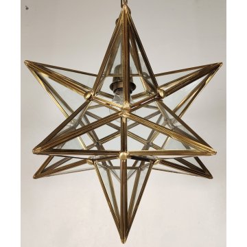 ANTICO LAMPADARIO STELLA anni 70 DESIGN MODERNARIATO DORATO VETRO LANTERNA OLD