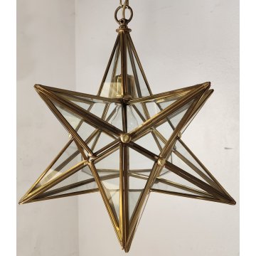 ANTICO LAMPADARIO STELLA anni 70 DESIGN MODERNARIATO DORATO VETRO LANTERNA OLD