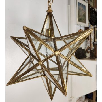 ANTICO LAMPADARIO STELLA anni 70 DESIGN MODERNARIATO DORATO VETRO LANTERNA OLD