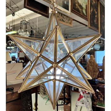 ANTICO LAMPADARIO STELLA anni 70 DESIGN MODERNARIATO DORATO VETRO LANTERNA OLD